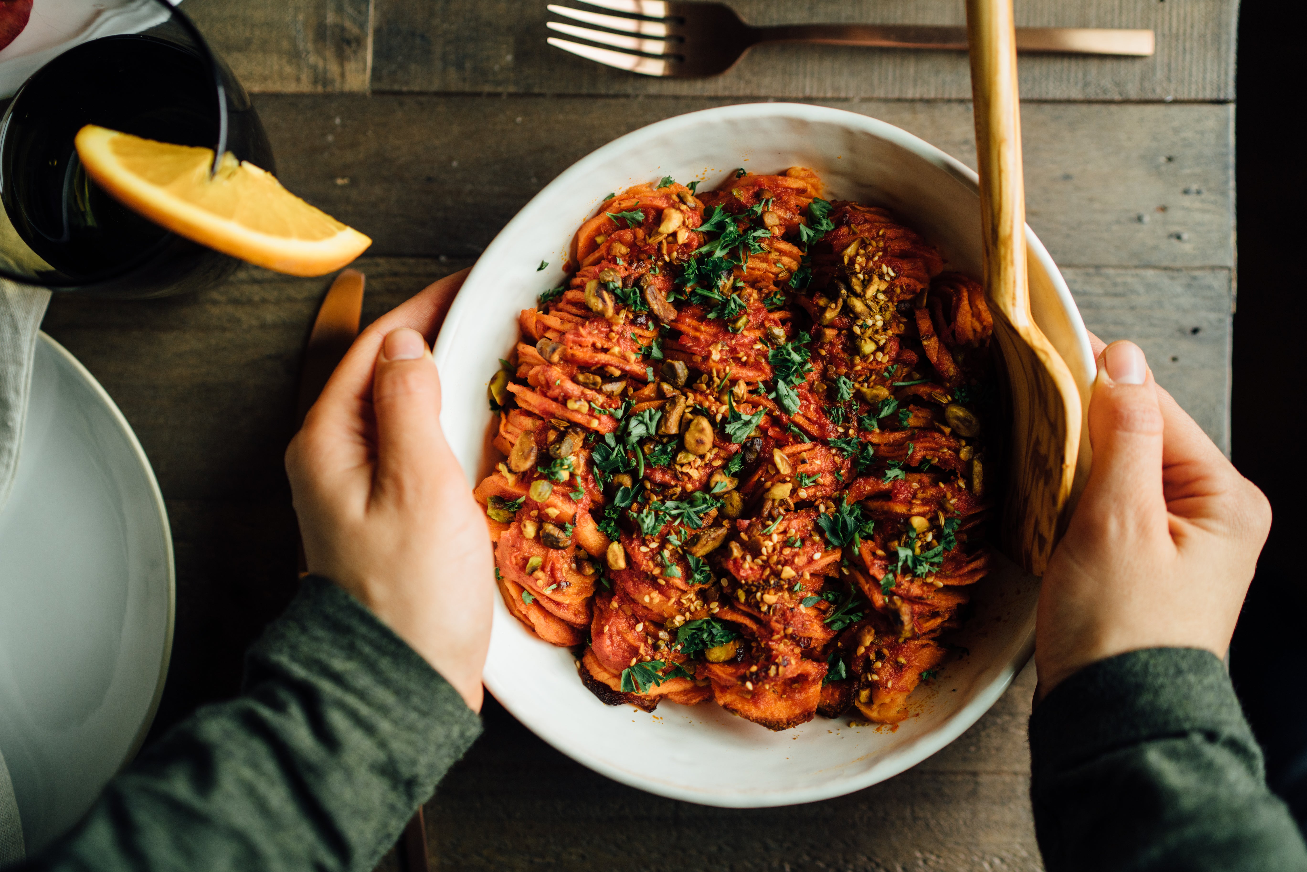 Bon Appétit's Shingled Harissa Sweet Potatoes With Mother's