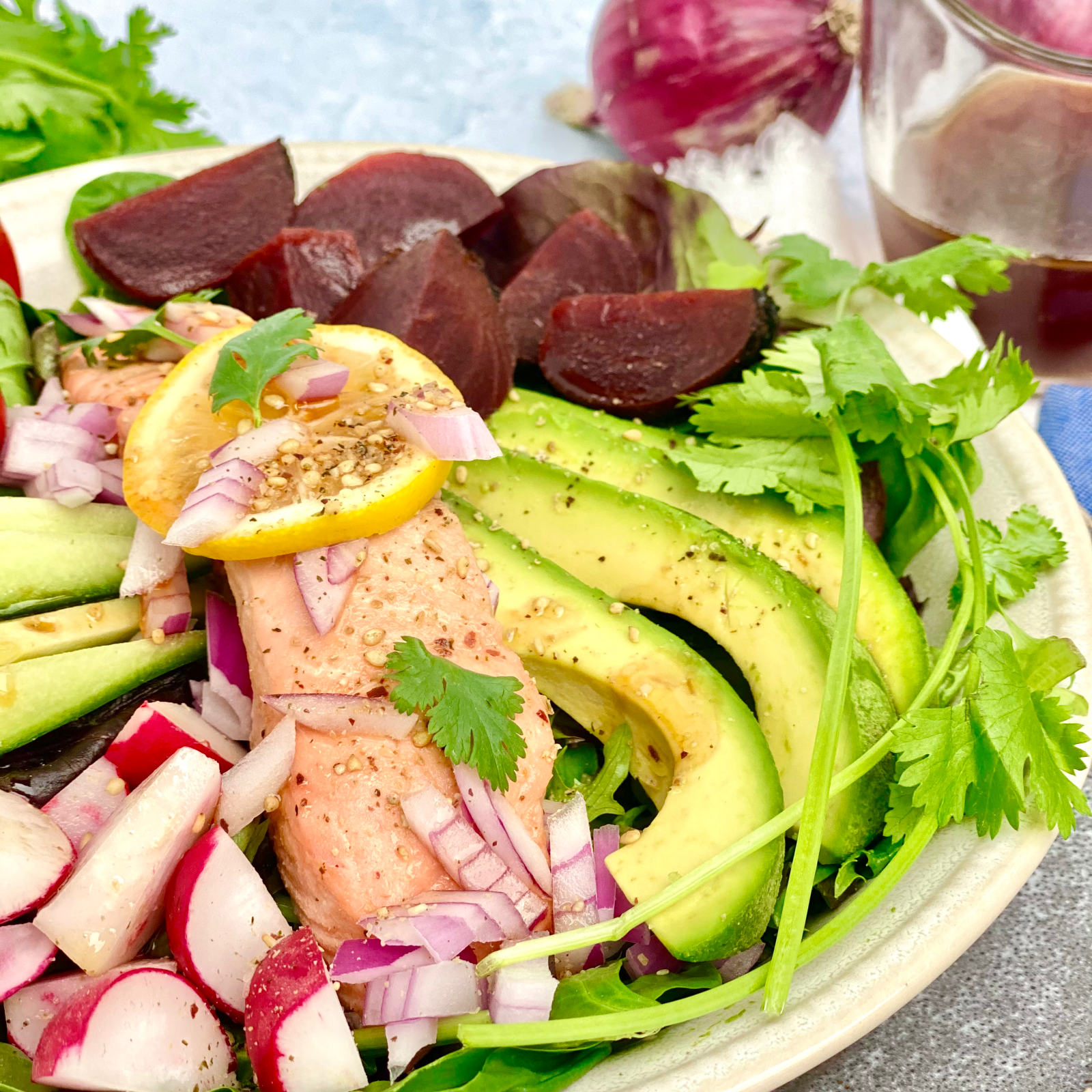 Poached Salmon Salad Bowl with Red Beet Coconut Aminos Dressing