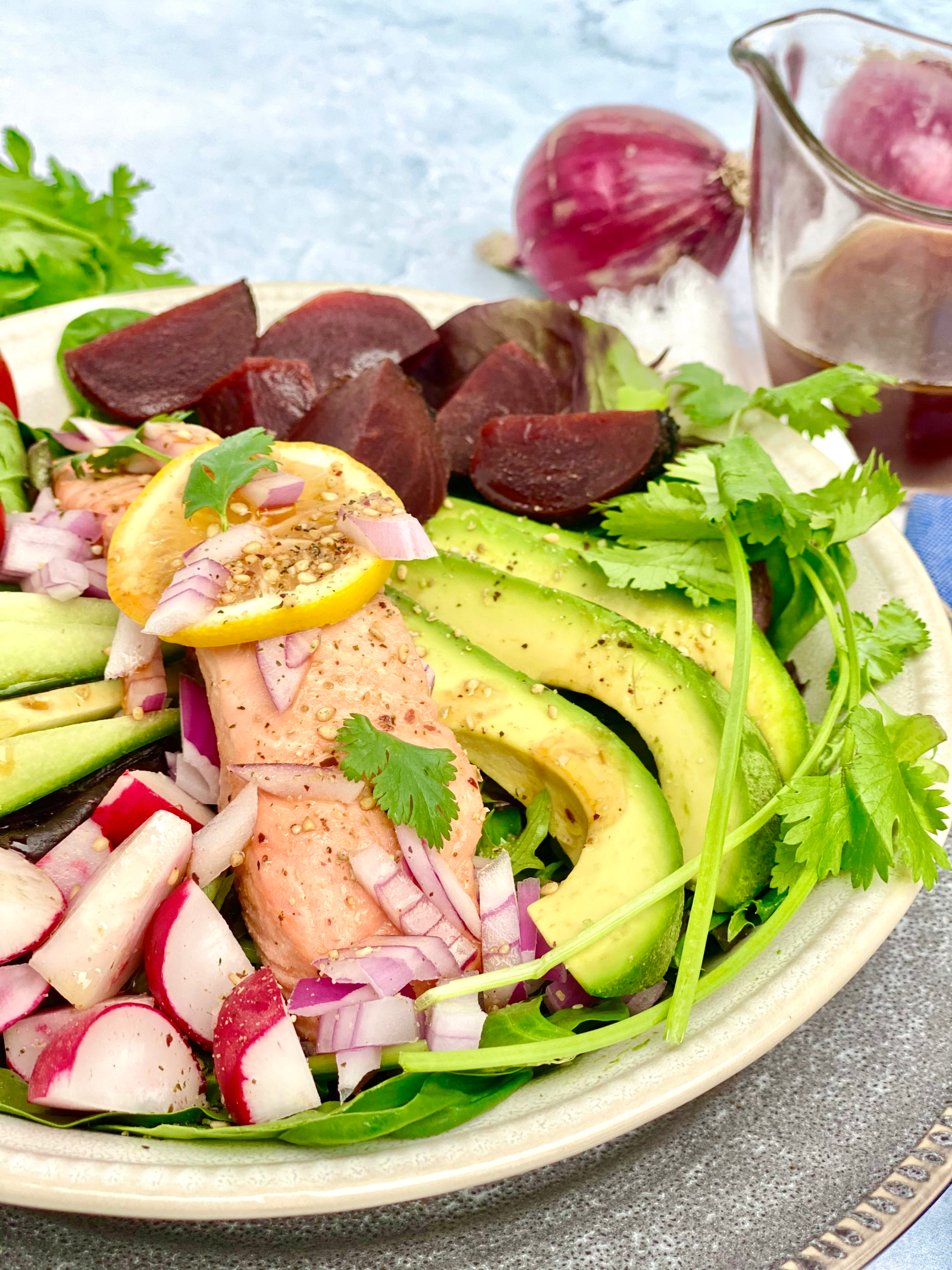 Poached Salmon Salad Bowl with Red Beet Coconut Aminos Dressing