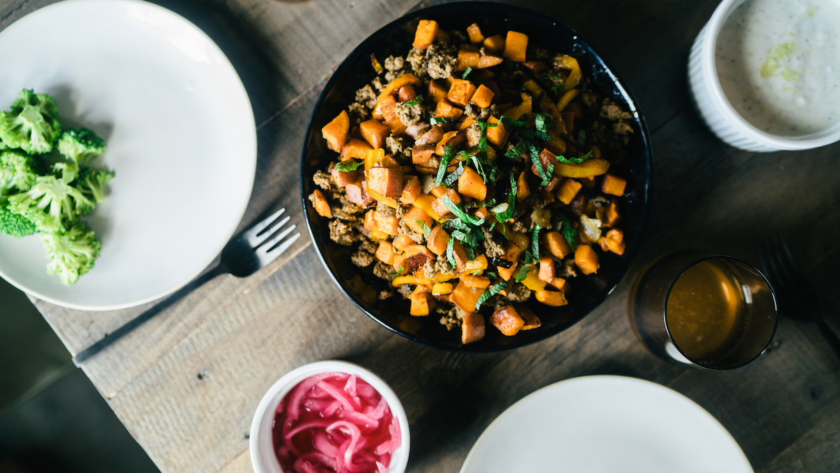 Turmeric Ground Beef and Sweet Potato Hash with Bone Broth