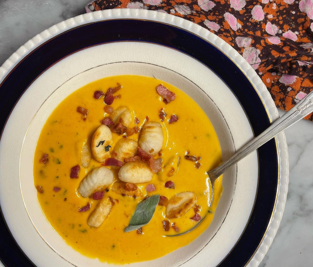 Creamy Roasted Squash Soup with Gnocchi Croutons & Pancetta